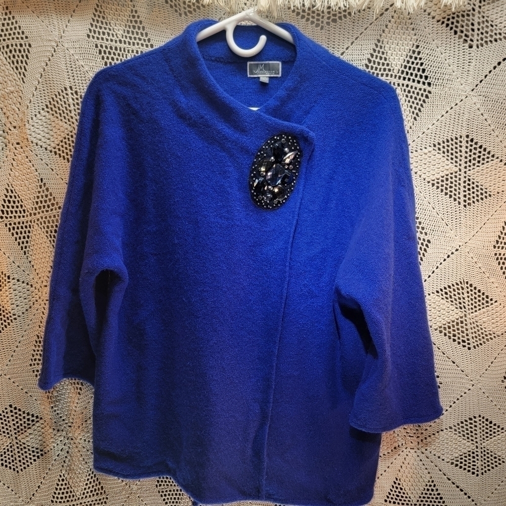 JM Collection 100% Wool Broach Embellished Relaxed Fit Jacket Womens Blue.